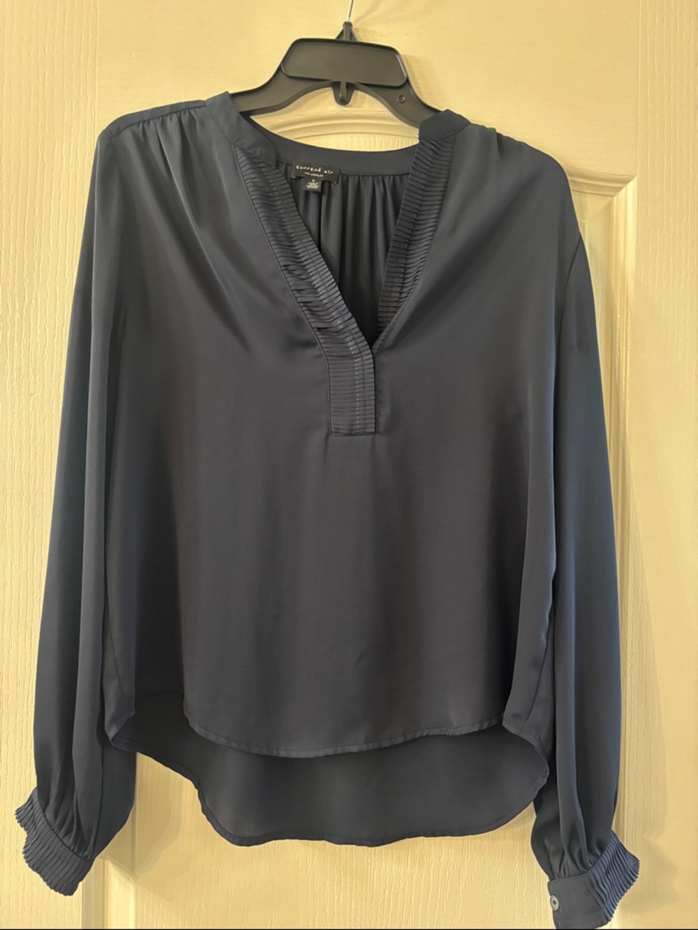 Navy Pleated V-Neck Long Sleeve Blouse